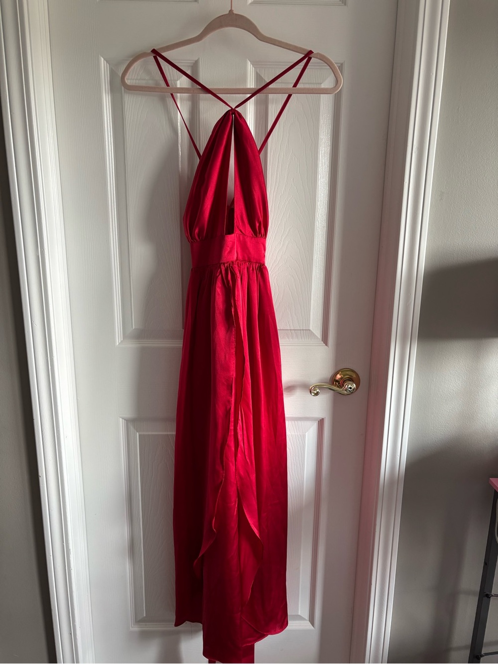 Red silk dress Women's Satin Silk Halter High Slit Belted Flowy Cocktail Dress